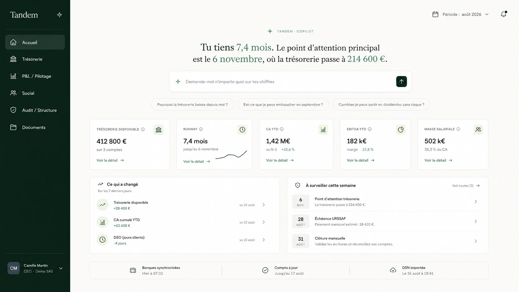 Vue d'accueil de l'application Tandem